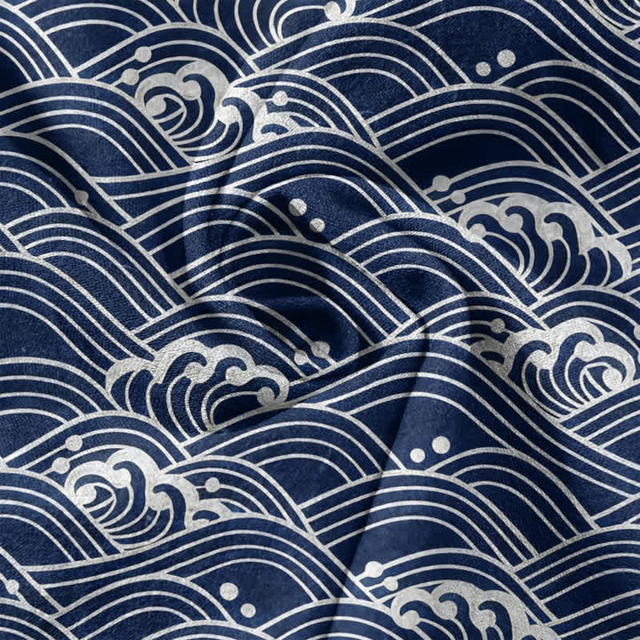 Buddha Stones Camisa de manga corta con medio botón para hombre con emblema de ola de algodón - image 2