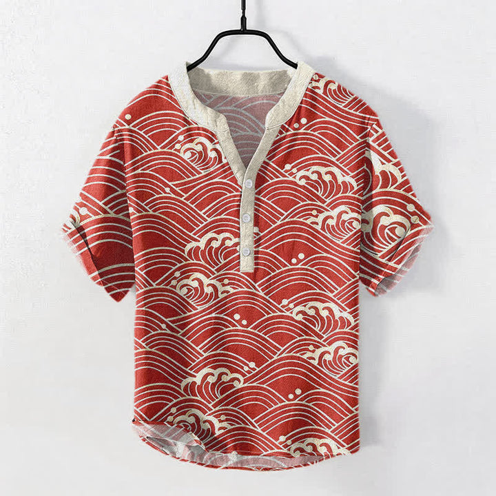 Buddha Stones Camisa de manga corta con medio botón para hombre con emblema de ola de algodón - Ladrillo refractario - US/UK/AU50, EU60 (5XL) - image 3