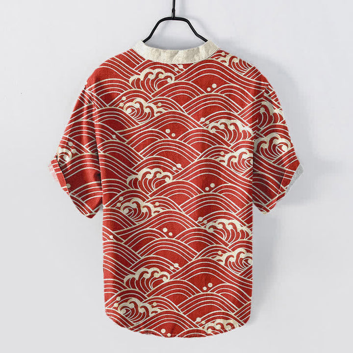 Buddha Stones Camisa de manga corta con medio botón para hombre con emblema de ola de algodón - image 4