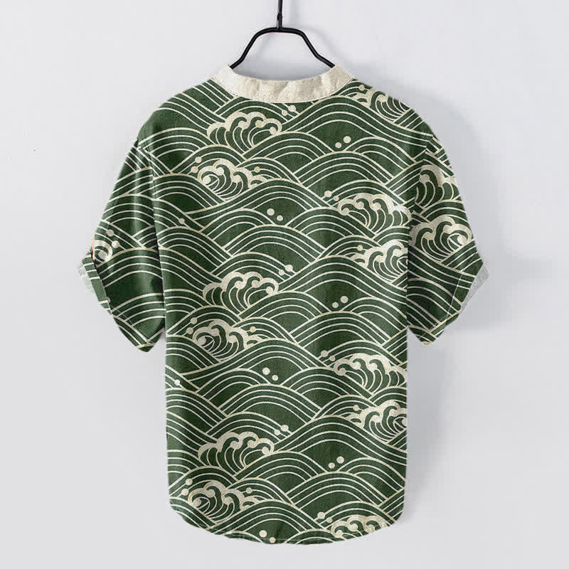 Buddha Stones Camisa de manga corta con medio botón para hombre con emblema de ola de algodón - image 6