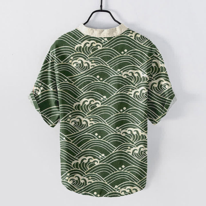 Buddha Stones Camisa de manga corta con medio botón para hombre con emblema de ola de algodón - image 6