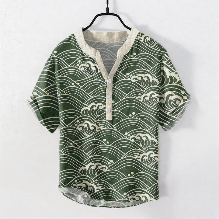 Buddha Stones Camisa de manga corta con medio botón para hombre con emblema de ola de algodón - Verdemar - US/UK/AU50, EU60 (5XL) - image 5