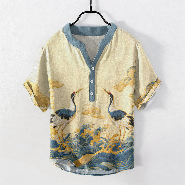 Buddha Stones Camisa de manga corta con medio botón para hombre, con emblema de grulla y ola de algodón. - Amarillo dorado claro - US/UK/AU50, EU60 (5XL) - image 0