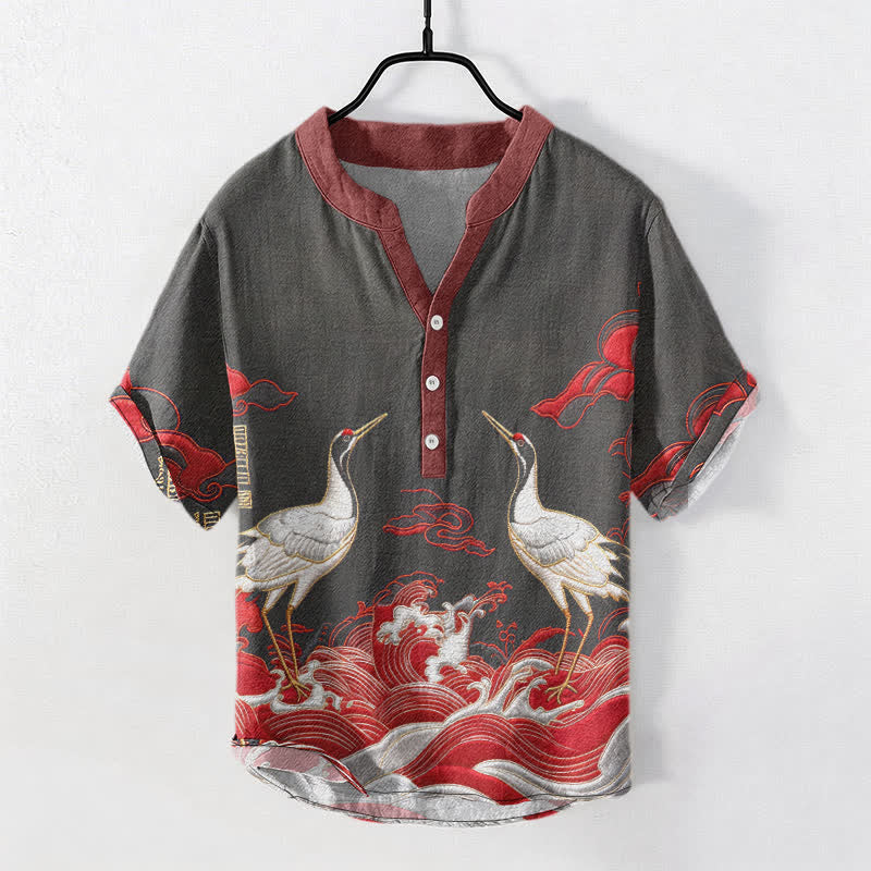 Buddha Stones Camisa de manga corta con medio botón para hombre, con emblema de grulla y ola de algodón. - Negro - US/UK/AU50, EU60 (5XL) - image 4