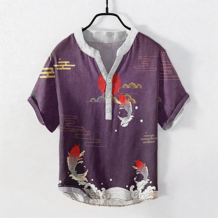 Buddha Stones Camisa de manga corta con medio botón para hombre, con estampado de pez koi rojo, sol y nube. - Orquídea oscura - US/UK/AU50, EU60 (5XL) - image 5
