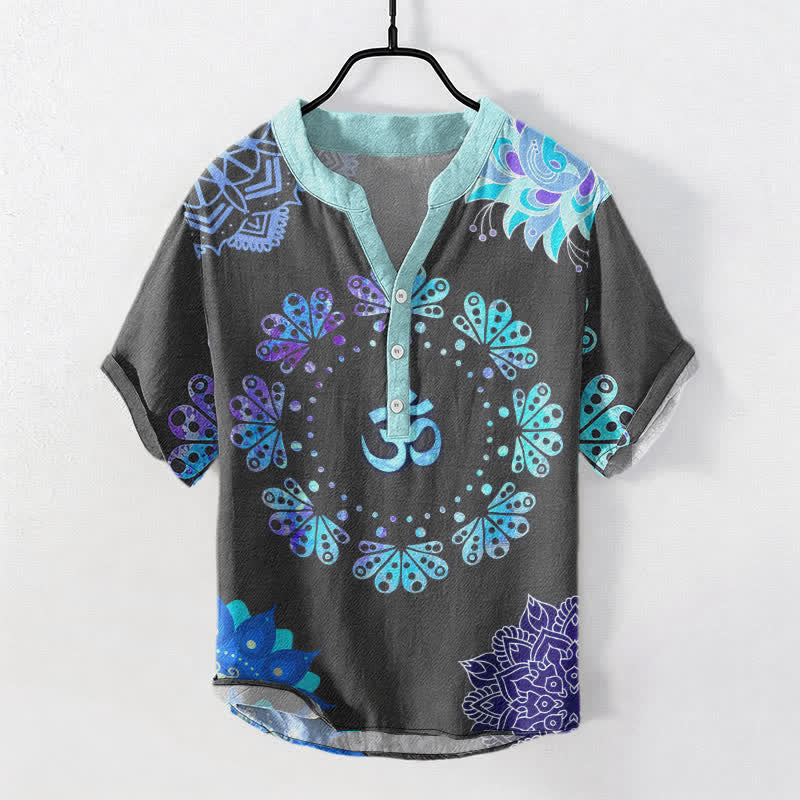 Buddha Stones Camisa de manga corta con medio botón para hombre, de algodón, con estampado de mandala de loto y pavo real (Om). - Gris oscuro - US/UK/AU50, EU60 (5XL) - image 5