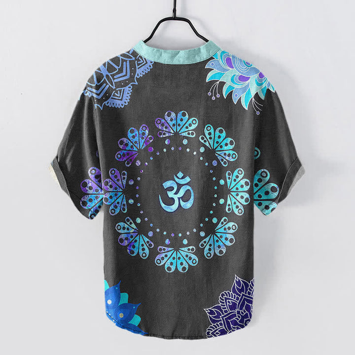 Buddha Stones Camisa de manga corta con medio botón para hombre, de algodón, con estampado de mandala de loto y pavo real (Om). - image 6
