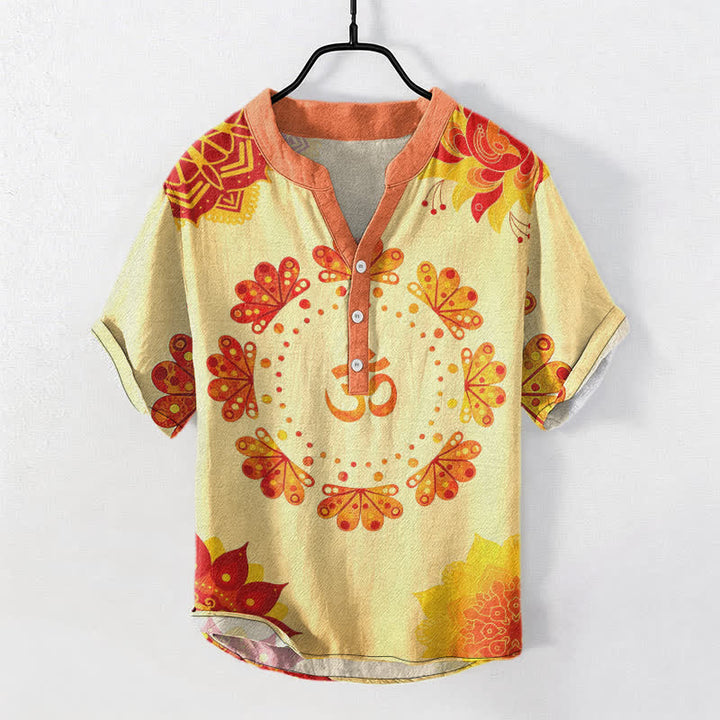 Buddha Stones Camisa de manga corta con medio botón para hombre, de algodón, con estampado de mandala de loto y pavo real (Om). - Amarillo dorado claro - US/UK/AU50, EU60 (5XL) - image 7