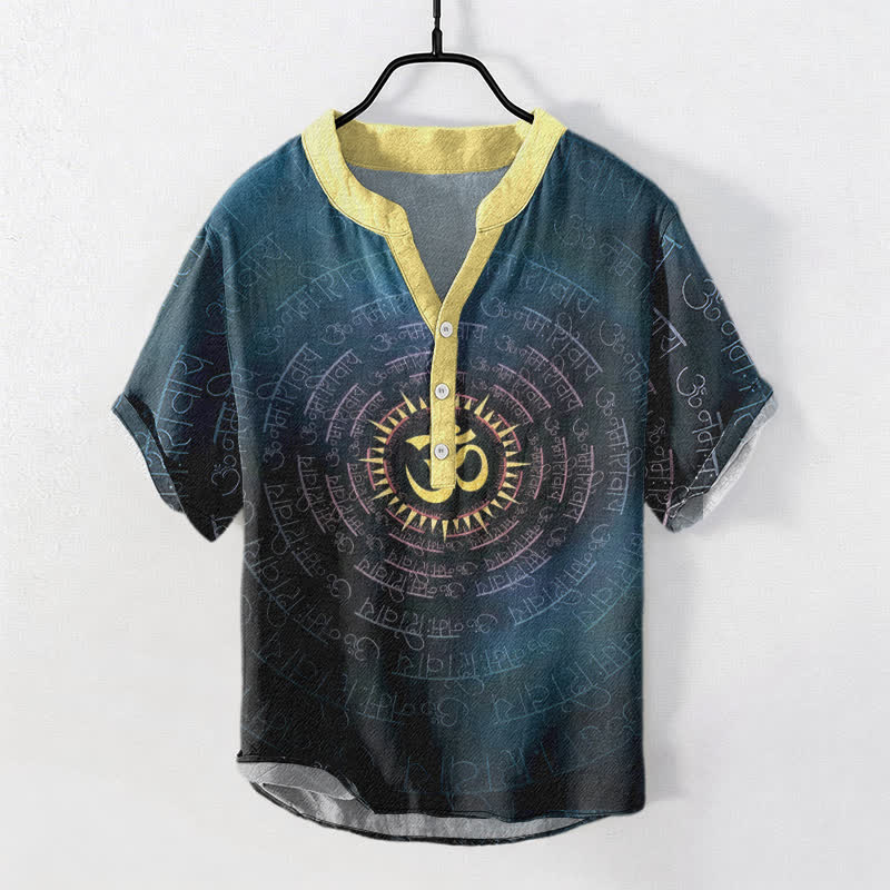 Buddha Stones Camisa de manga corta con medio botón para hombre, de algodón, con emblema del mantra Om. - Verde azulado - US/UK/AU50, EU60 (5XL) - image 0