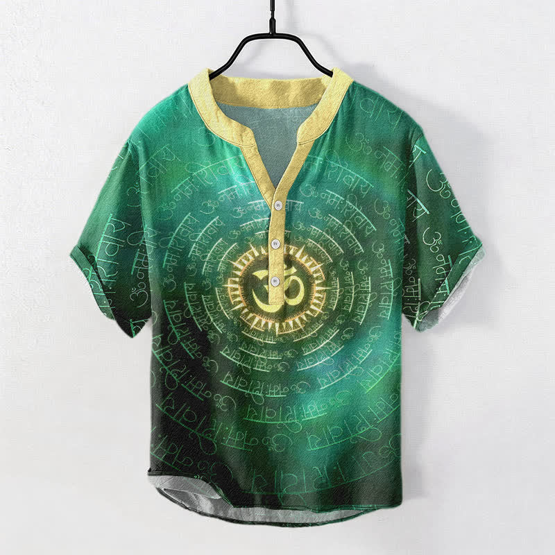 Buddha Stones Camisa de manga corta con medio botón para hombre, de algodón, con emblema del mantra Om. - Verde mar medio - US/UK/AU50, EU60 (5XL) - image 5