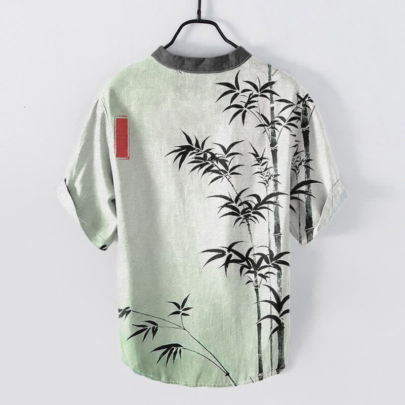 Buddha Stones Camisa de manga corta con medio botón para hombre, de algodón con emblema de bambú. - image 1