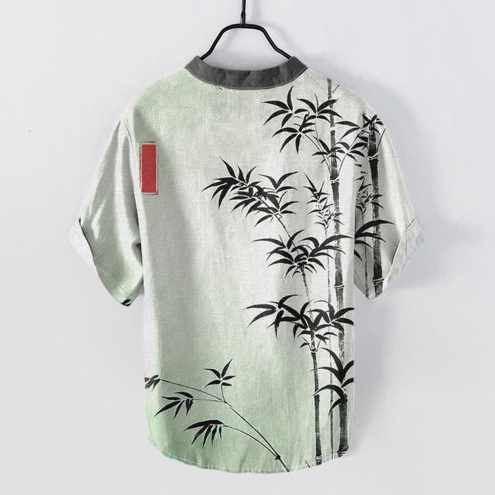 Buddha Stones Camisa de manga corta con medio botón para hombre, de algodón con emblema de bambú. - image 1
