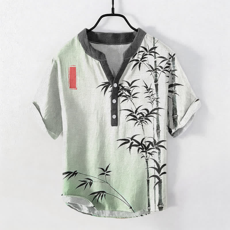 Buddha Stones Camisa de manga corta con medio botón para hombre, de algodón con emblema de bambú. - Gotas de miel - US/UK/AU50, EU60 (5XL) - image 0