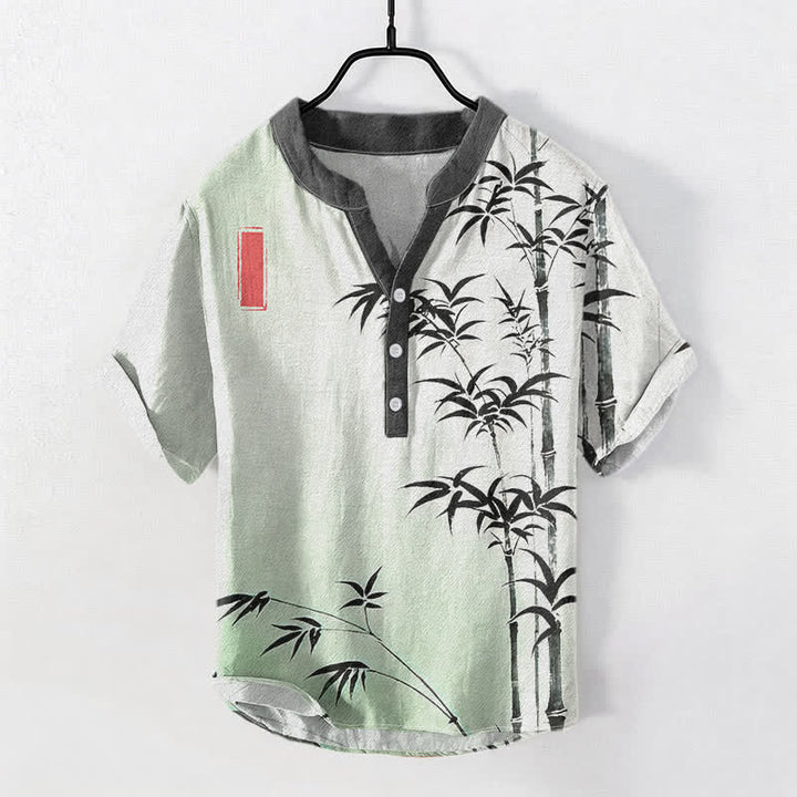 Buddha Stones Camisa de manga corta con medio botón para hombre, de algodón con emblema de bambú. - Gotas de miel - US/UK/AU50, EU60 (5XL) - image 0