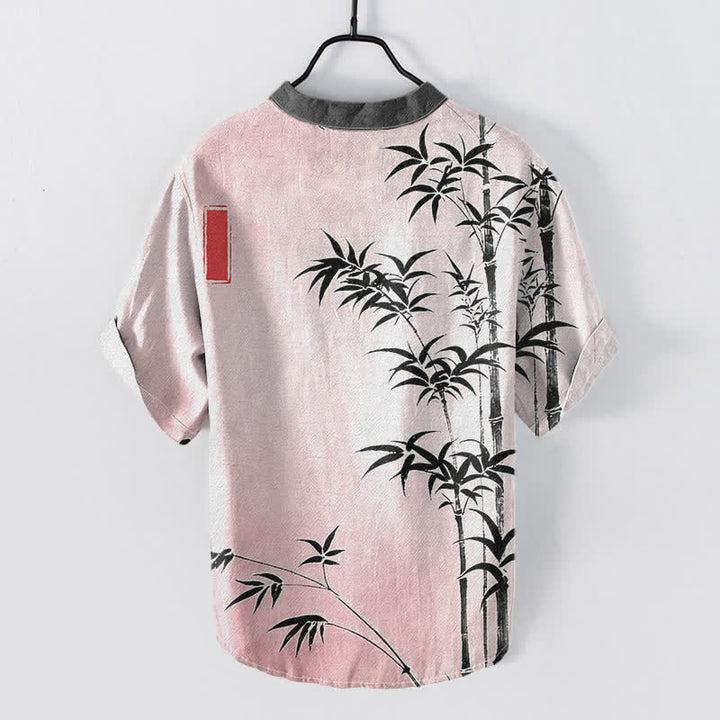 Buddha Stones Camisa de manga corta con medio botón para hombre, de algodón con emblema de bambú. - image 6