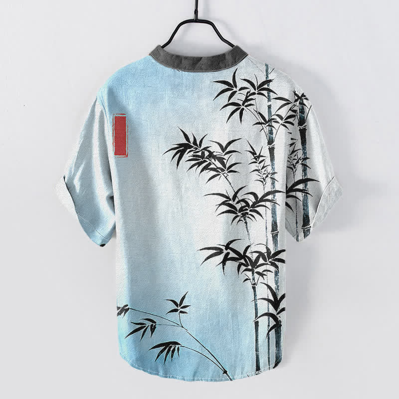 Buddha Stones Camisa de manga corta con medio botón para hombre, de algodón con emblema de bambú. - image 4