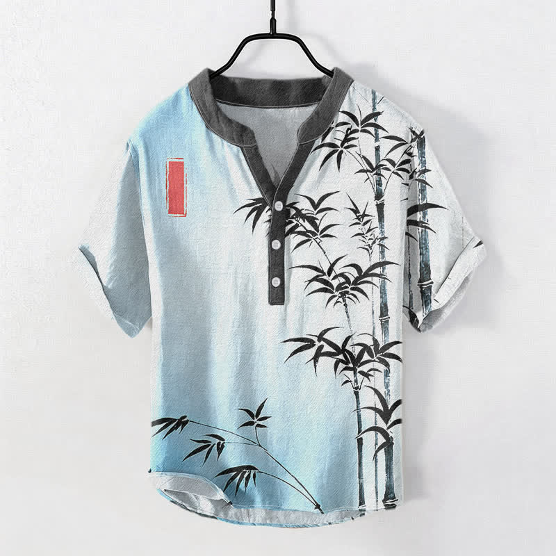 Buddha Stones Camisa de manga corta con medio botón para hombre, de algodón con emblema de bambú. - Azul claro - US/UK/AU50, EU60 (5XL) - image 3