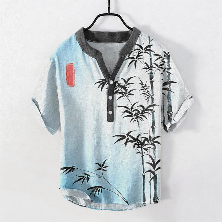 Buddha Stones Camisa de manga corta con medio botón para hombre, de algodón con emblema de bambú. - Azul claro - US/UK/AU50, EU60 (5XL) - image 3