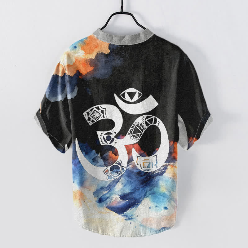 Buddha Stones Camisa de manga corta con medio botón para hombre, de algodón, con emblema del chakra Om. - image 1
