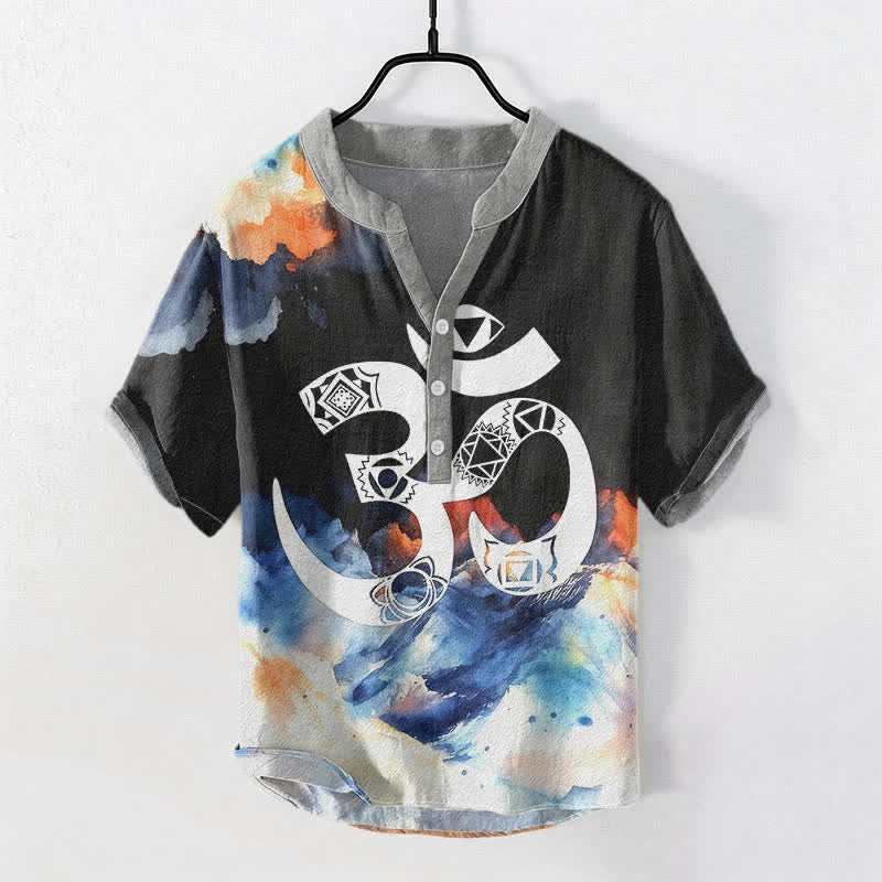 Buddha Stones Camisa de manga corta con medio botón para hombre, de algodón, con emblema del chakra Om. - Negro - US/UK/AU50, EU60 (5XL) - image 0