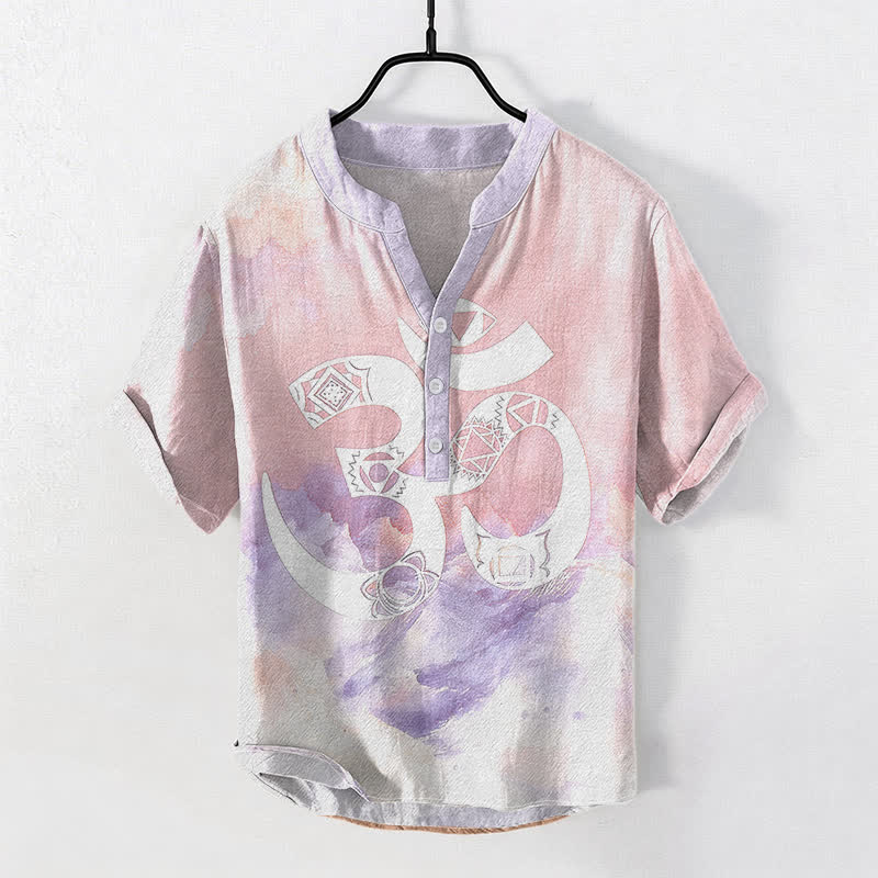 Buddha Stones Camisa de manga corta con medio botón para hombre, de algodón, con emblema del chakra Om. - rosa claro - US/UK/AU50, EU60 (5XL) - image 5