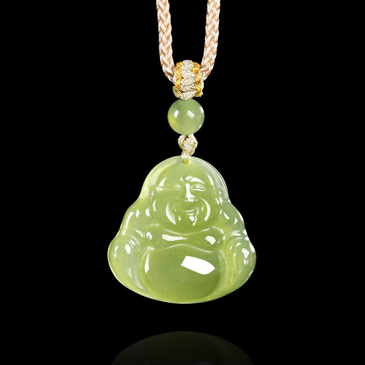Buddha Stones Colgante de cuerda de la prosperidad con Buda sonriente de jade verde - Jade natural (el color puede variar) - image 0