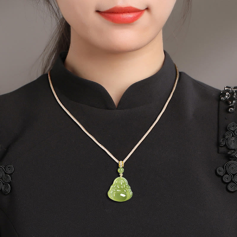 Buddha Stones Colgante de cuerda de la prosperidad con Buda sonriente de jade verde - image 9