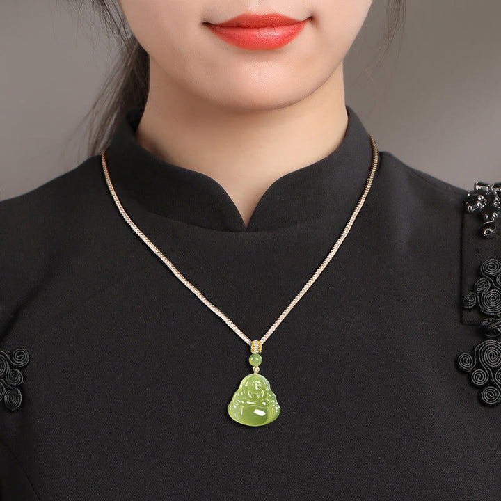 Buddha Stones Colgante de cuerda de la prosperidad con Buda sonriente de jade verde - image 9