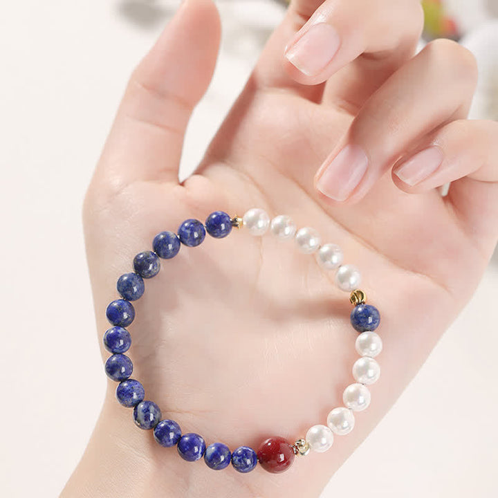Buddha Stones Pulsera de cuentas con lapislázuli, lazurita, perlas y cinabrio. - image 8