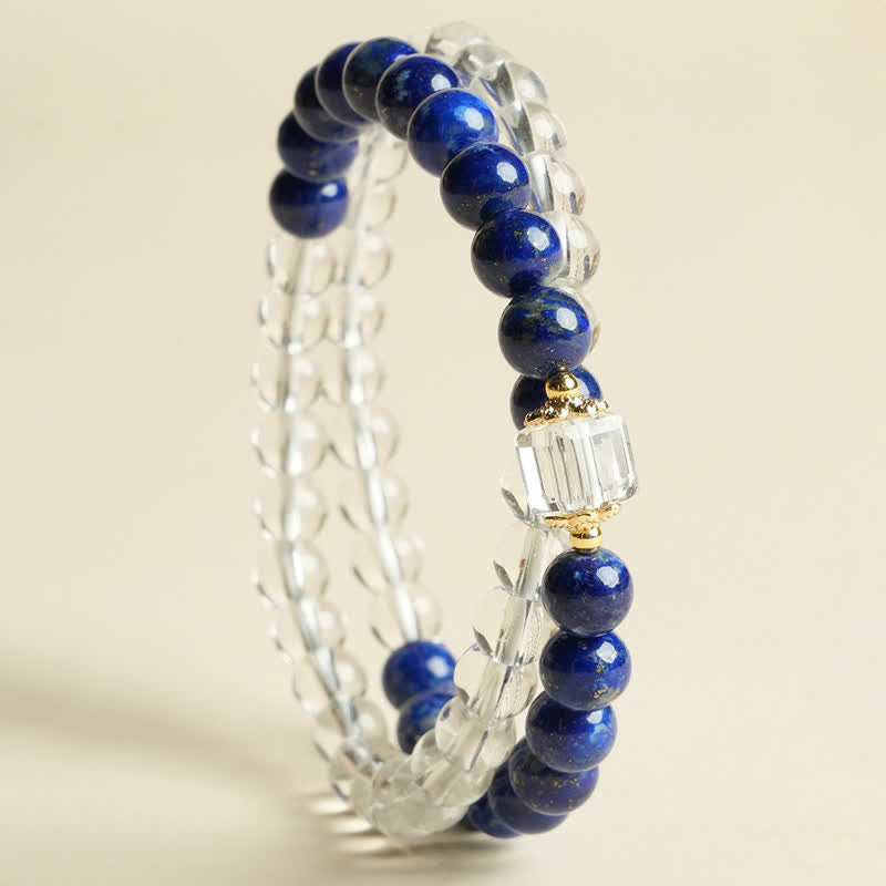 Buddha Stones Pulsera de cuentas de cuarzo transparente y lapislázuli con equilibrio - image 2