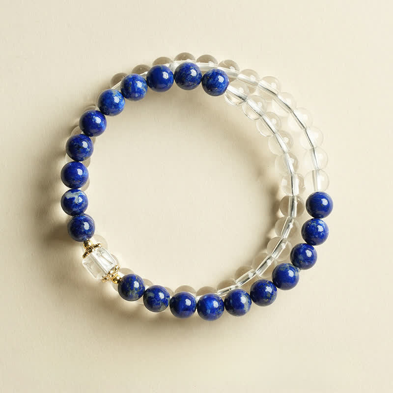 Buddha Stones Pulsera de cuentas de cuarzo transparente y lapislázuli con equilibrio - Anillo de lapislázuli de una sola vuelta (circunferencia de la muñeca: 14-15 cm) - image 0