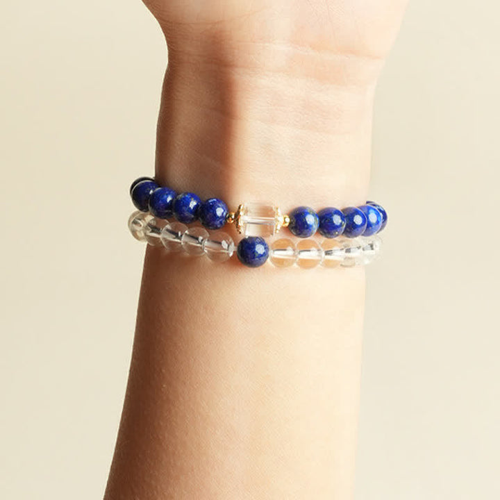 Buddha Stones Pulsera de cuentas de cuarzo transparente y lapislázuli con equilibrio - image 7