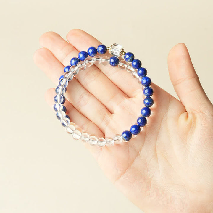 Buddha Stones Pulsera de cuentas de cuarzo transparente y lapislázuli con equilibrio - image 4