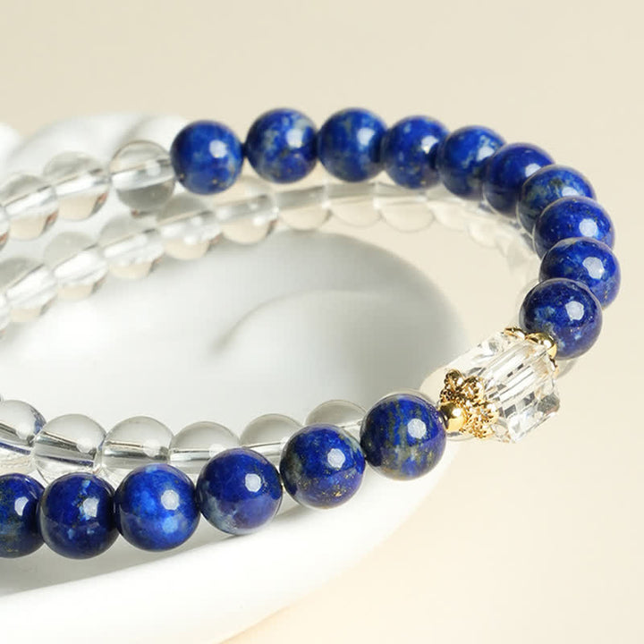 Buddha Stones Pulsera de cuentas de cuarzo transparente y lapislázuli con equilibrio - image 3