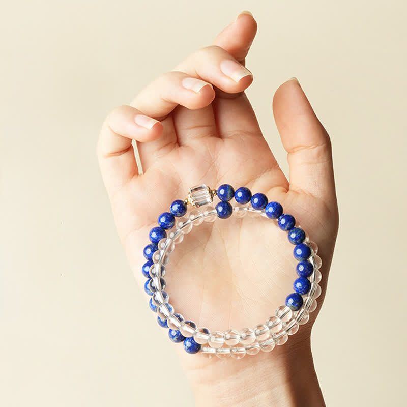 Buddha Stones Pulsera de cuentas de cuarzo transparente y lapislázuli con equilibrio - image 5
