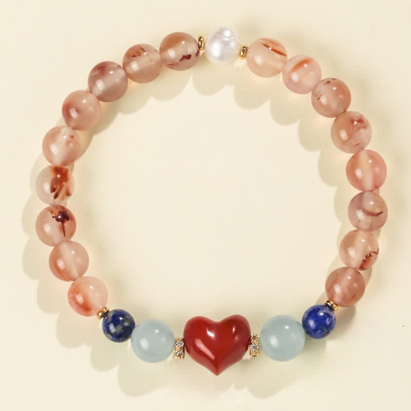 Buddha Stones Pulsera de la suerte con diseño de corazón, ágata roja del sur y lapislázuli. - Ágata Roja del Sur (Circunferencia de la muñeca: 15-16 cm) - image 0