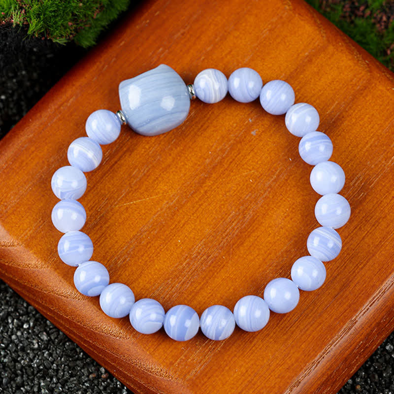Buddha Stones Pulsera con cuentas de cuarzo transparente y ágata azul con diseño de gato adorable - Ágata de encaje azul (circunferencia de la muñeca: 15-16 cm) - image 0