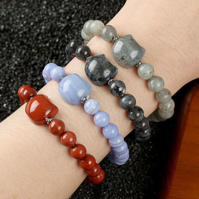 Buddha Stones Pulsera con cuentas de cuarzo transparente y ágata azul con diseño de gato adorable - image 35