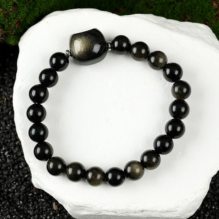 Buddha Stones Pulsera con cuentas de cuarzo transparente y ágata azul con diseño de gato adorable - Obsidiana con brillo dorado (circunferencia de la muñeca: 15-16 cm) - image 24