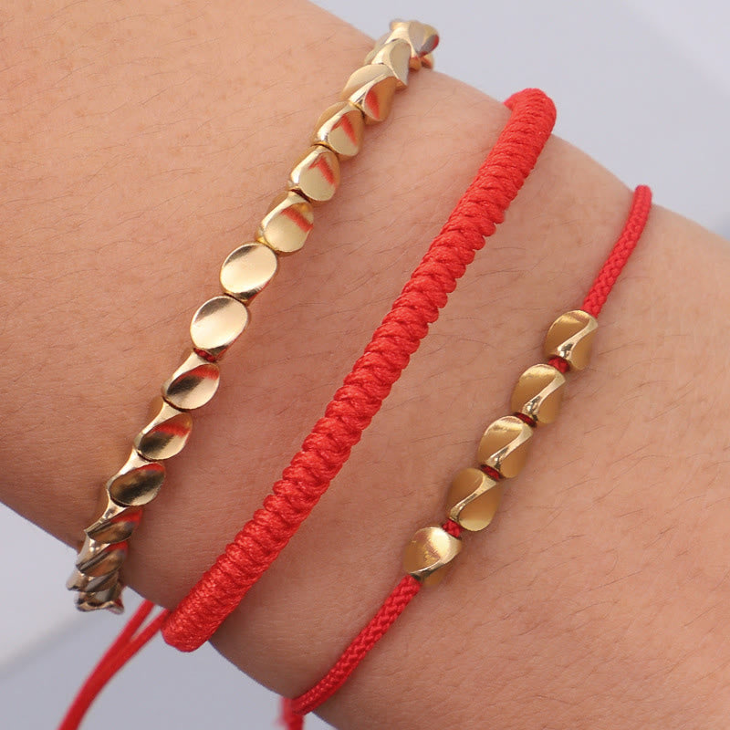 Buddha Stones Pulsera de la suerte con 3 cuentas de cobre dorado y cordón rojo - image 9