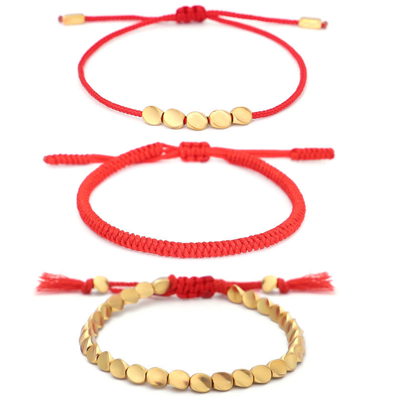 Buddha Stones Pulsera de la suerte con 3 cuentas de cobre dorado y cordón rojo - image 11