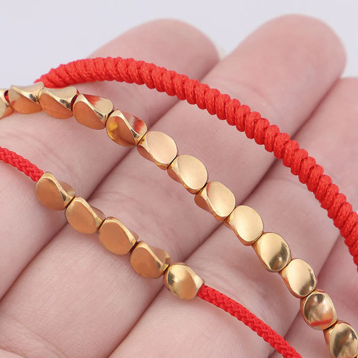 Buddha Stones Pulsera de la suerte con 3 cuentas de cobre dorado y cordón rojo - image 10