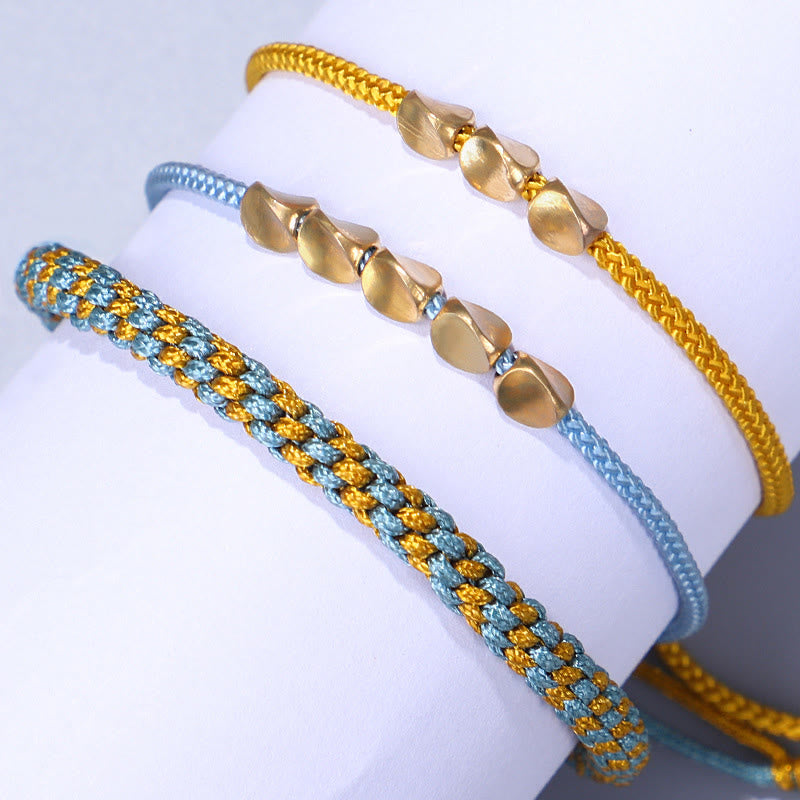 Buddha Stones Pulsera curativa de 3 piezas con cuentas de cobre dorado y hilo azul y amarillo. - image 11