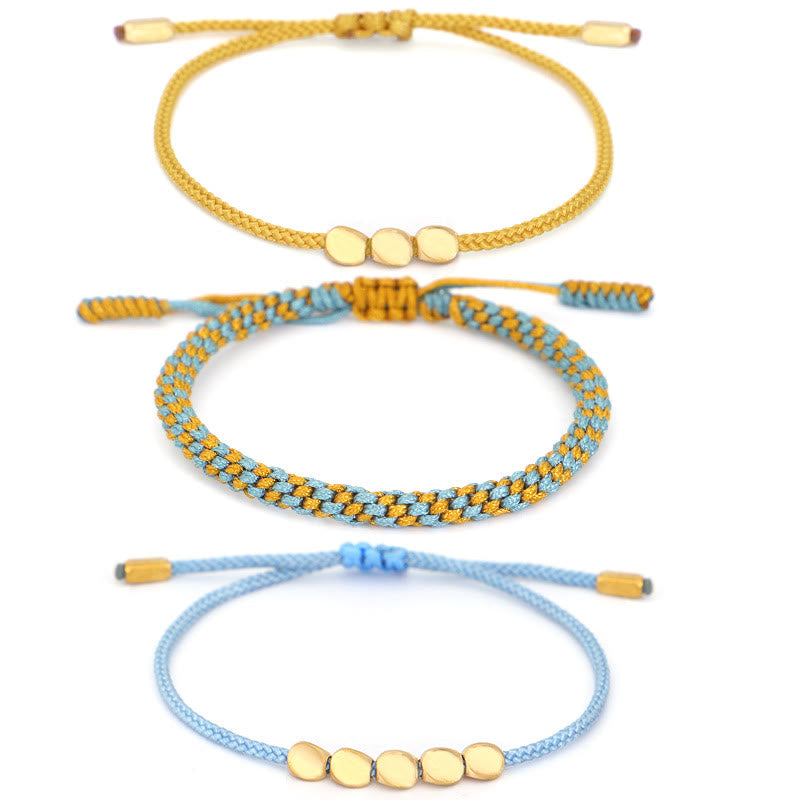 Buddha Stones Pulsera curativa de 3 piezas con cuentas de cobre dorado y hilo azul y amarillo. - image 12