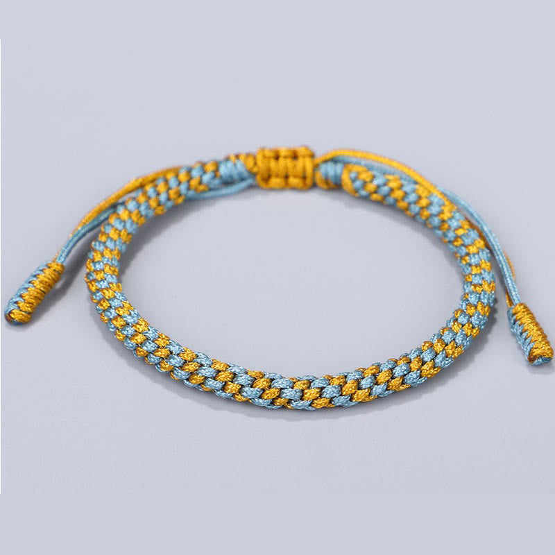 Buddha Stones Pulsera curativa de 3 piezas con cuentas de cobre dorado y hilo azul y amarillo. - image 3