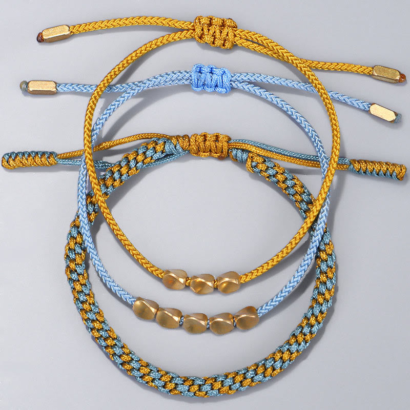 Buddha Stones Pulsera curativa de 3 piezas con cuentas de cobre dorado y hilo azul y amarillo. - image 9