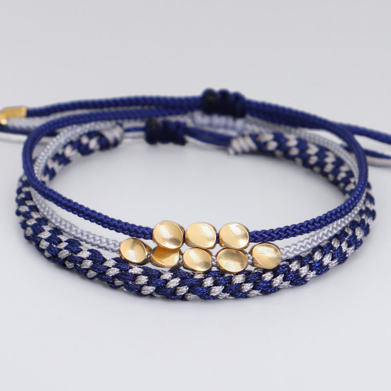 Buddha Stones Pulsera de 3 piezas con cuentas de cobre dorado y cordón azul grisáceo para el autocuidado - Cuerda (circunferencia de la muñeca: 16-26 cm) - image 0