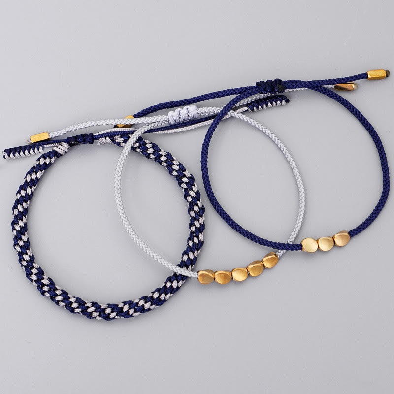 Buddha Stones Pulsera de 3 piezas con cuentas de cobre dorado y cordón azul grisáceo para el autocuidado - image 1