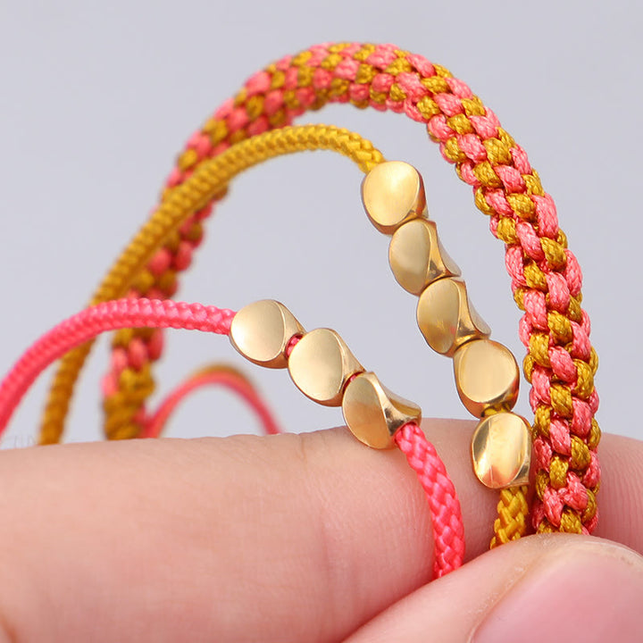 Buddha Stones Pulsera de la riqueza de 3 piezas con cuentas de cobre dorado y rosa y hilo amarillo. - image 7