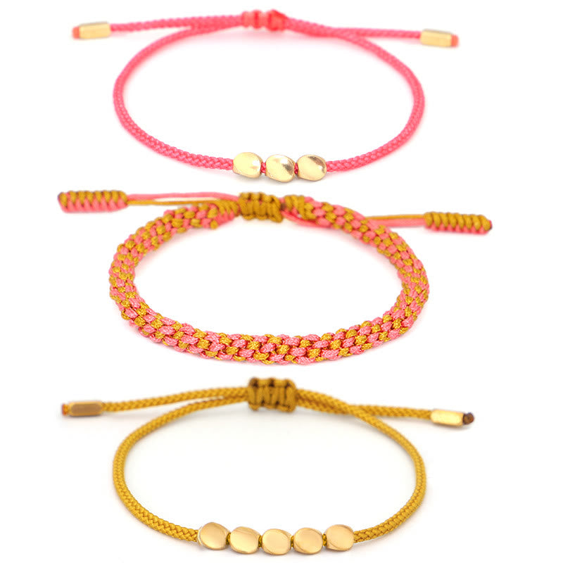 Buddha Stones Pulsera de la riqueza de 3 piezas con cuentas de cobre dorado y rosa y hilo amarillo. - image 10